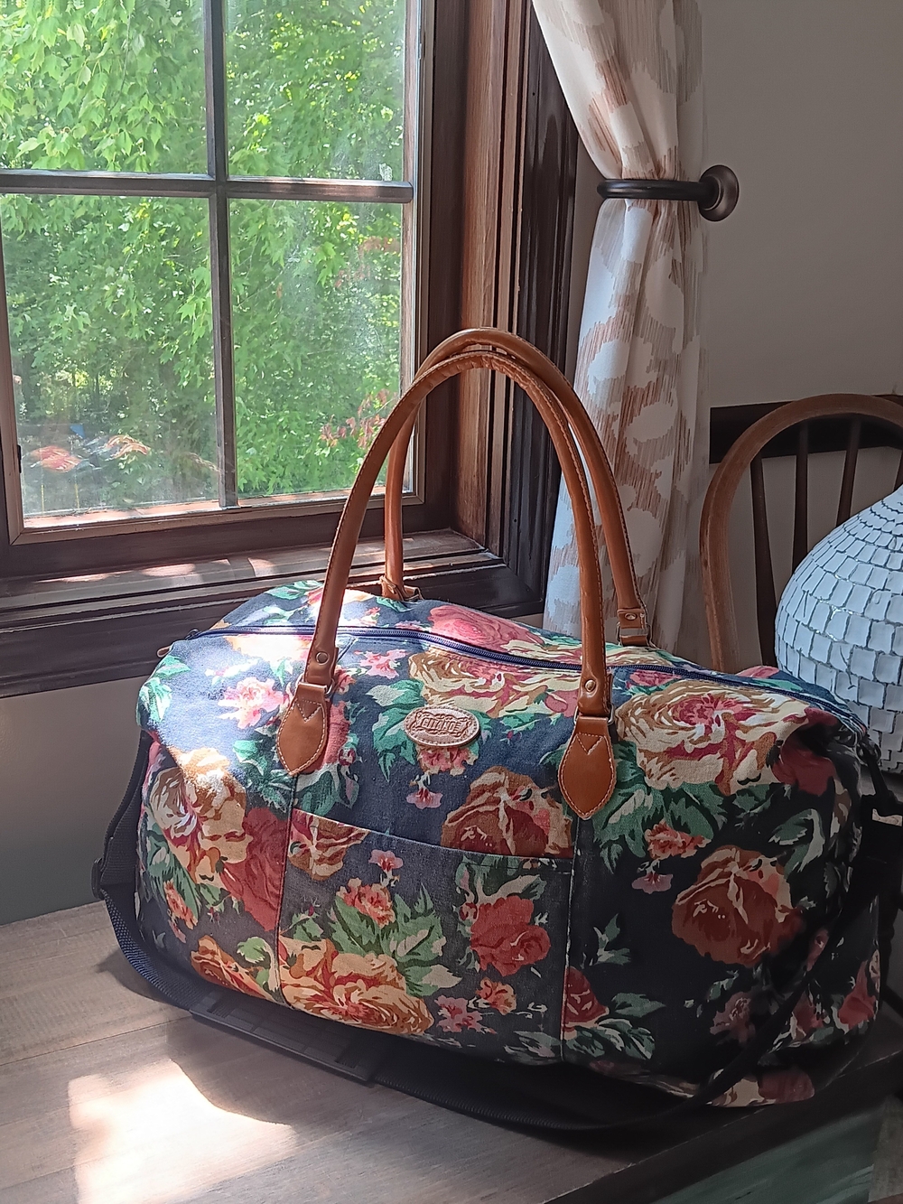 Vtg 90s Gitano Floral Canvas Weekender Bag Leather Handles Luggage